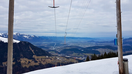 Vintage ski lift Bazora with the Rhine valley in the background. Vorarlberg, Austria.