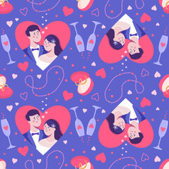 Bright seamless pattern on a wedding theme. Bride and groom, loving beautiful couple, rings and hearts on purple background.