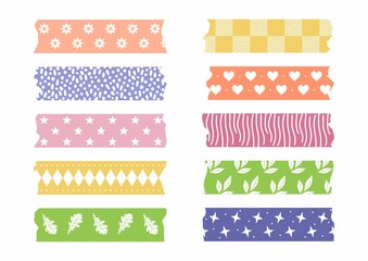 Washi tapes strips. Collection of pieces of colored washi patterned ribbon isolated on white background. Masking tape or adhesive strips for scrapbooking, borders, frames, web graphics, crafts, sticke