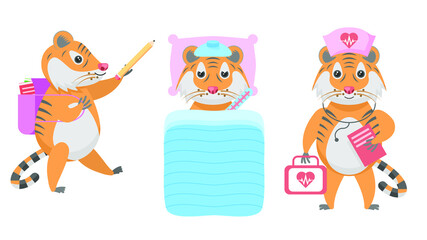 Set Abstract Collection Flat Cartoon 
Different Animal Tigers Sick With A Thermometer, Schoolboy With Briefcase And Pencil, Doctor With First Aid Kit Vector Design Style Elements Fauna Wildlife