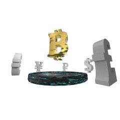 Monetary circle of 3D world major currencies symbols with bitcoin in the center. Bitcoin as the founder of the blockchain. Gray currencies and gold information bitcoin of the future.
