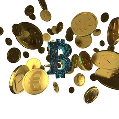 3d model of bitcoin in the form of a symbol of electronic currencies. Background of soaring gold coins of dollar, yen, funt sterling, euro. Rain of gold coins. Idol of information technology.