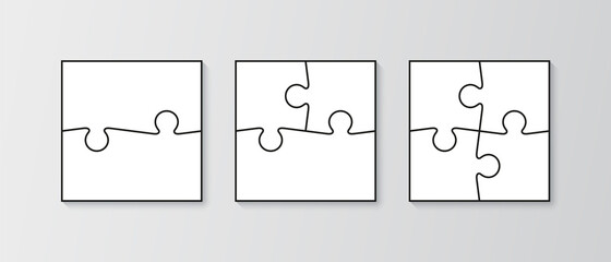 Puzzle pieces set. Jigsaw outline grid. Scheme of thinking game. Modern background with mosaic shapes. Simple frame tiles. Cutting template with details. Vector illustration.