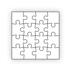 Puzzle pieces set. Jigsaw outline grid. Scheme of thinking game. Modern background with separate shapes. Simple frame tiles. Cutting template. Mosaic silhouette with 16 details. Vector illustration.