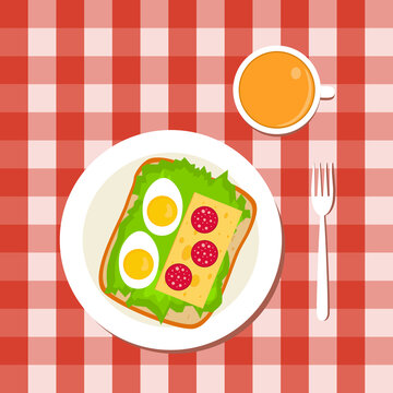 Delicious and healthy food. Breakfast, a cup of tea, an egg and a sandwich with cheese and tomatoes. Vector illustration