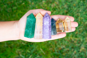 Healing crystals on brown background