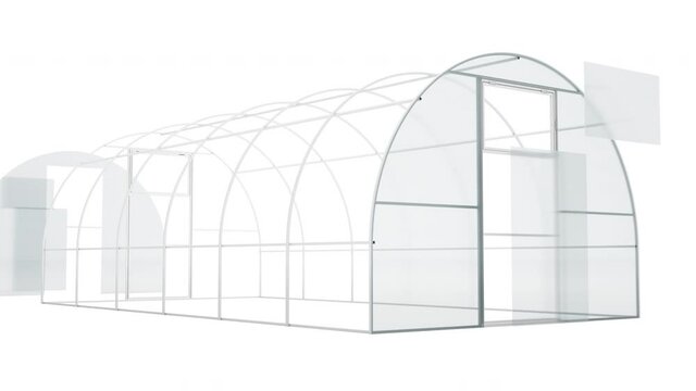 Farm greenhouse for growing plants, fruits, berries, vegetables, flowers. Animation of greenhouse production (construction). Agricultural development concept. Isolated on white background. 3D-render