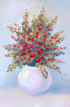 Oil painting. Still life of lush bouquet of bright pink flowers in a blue vase