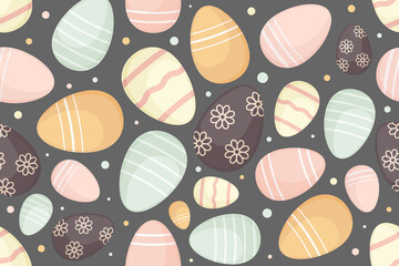 Decorated Easter eggs on dark background, seamless pattern. Easter background. Design for textiles, packaging, wrappers, greeting cards, paper, printing. Vector illustration