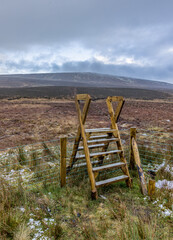 Wooden Stile on the Hiking trail International Appalachian Trail/Moyle Way, Ulster Way section at...