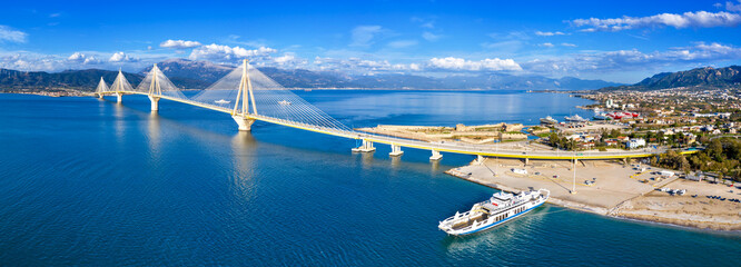 The Rio-Antirrio Bridge, officially the Charilaos Trikoupis Bridge, longest multi-span cable-stayed bridges and longest of the fully suspended type, Greece - 479396020