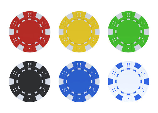 Collection of coloured casino chips isolated on white background. Gambling game, casino concept. 3D rendering illustration