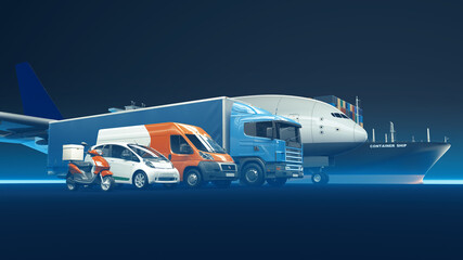 Transportations, shipping and delivery vehicles, blue tint, 3D rendering