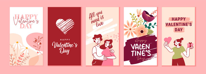Fototapeta Set of Valentines day cards. Romantic cards and messages for all lovers or those who will become. Vector illustrations for greeting cards, backgrounds, web banners, social media banners, marketing. obraz