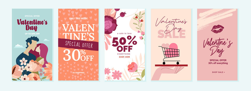 Set of Valentines day social media banners. Vector illustrations for social media banners, website banners, online shopping, sale ads, greeting cards, marketing material.