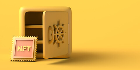 NFT non fungible token next to safety box. Cryptographic art security. Copy space. 3D illustration.
