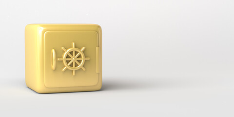 Gold safety box closed on white background. Bank security. Copy space. 3D illustration.