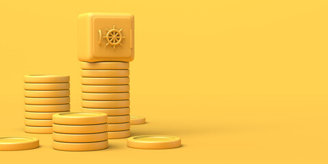 Safety deposit box on top of a pile of coins. Bank security. Copy space. 3D illustration.