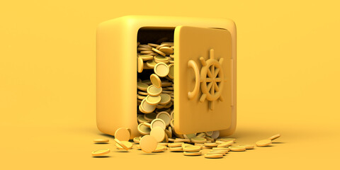 Safety deposit box open and coins falling out. Copy space. 3D illustration.