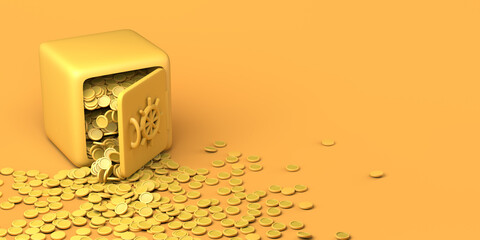 Safety deposit box open and coins falling out. Copy space. 3D illustration.