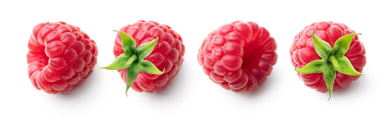 Raspberry isolated on white background. Raspberries closeup set. Side view raspberries collection.