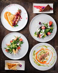 Top view on table food. European and Middle Eastern cuisine. Food for breakfast. Set of dishes on table concept