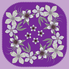 Vector floral pattern in gray pastel colors and decorative shaded flowers with leaves on a violet background for shawl, scarf, hijab design.