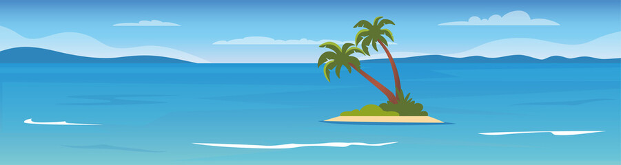 Fototapeta na wymiar Tropical island in the ocean with palms. Sea surface, mountains on the horizon, waves. Summer vacation holiday. Flat Vector Illustration.