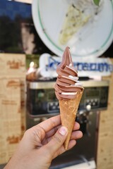 soft serve ice cream in a waffle cone - 479398038