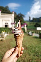 soft serve ice cream in a waffle cone - 479398039