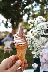 soft serve ice cream in a waffle cone - 479398045