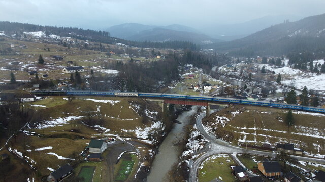 Passenger train in the Carpathian Mountains - Ukraine, East Europe