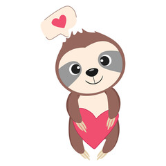 Cute lovely sloth holding heart, vector illustration.
