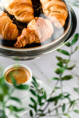 Breakfast with croissants, green leaves and black coffee composition