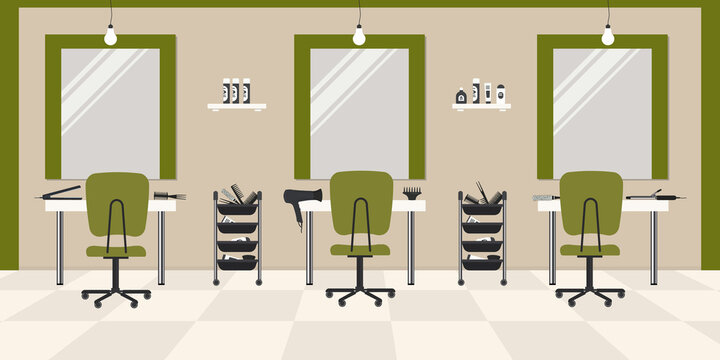 Hair salon in a green color. Beauty salon. Interior. There are tables, chairs, mirrors, hair dryer in the image. Vector flat illustration