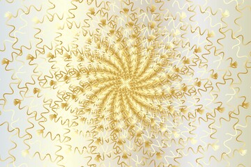 Distorted abstract lines, wireframe tunnel. The gold wave spiral line on the white gold background. Vector illustration.