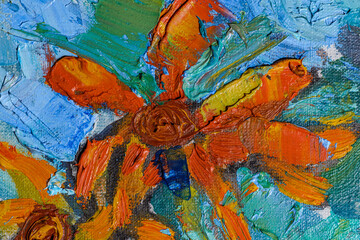Abstract background closeup of a painting with brushstrokes. Rough art paint smear. Large multicolor spots of brush strokes and palette knife on the canvas