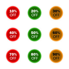 Special offer sale tag isolated set. white background. discount 10 to 90% offer price label, symbol for advertising campaign in ritail, sale promo marketing, fifty percent off discount sticke