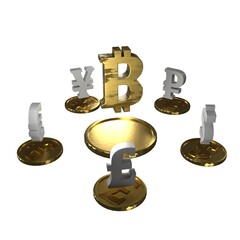Monetary circle of 3D world major currencies symbols with bitcoin in the center. Bitcoin as the founder of the blockchain. Gray currencies and gold information bitcoin of the future.