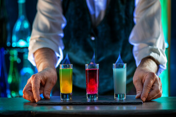 Bartender's hands serving cocktails burning Shots and Shooters on bar counter in a restaurant, pub. Miniature mixed drinks. Alcoholic cooler beverage at nightclub