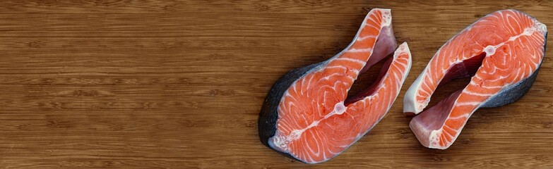 Chilled salmon large piece, fillet, steak. Fresh raw trout fish. Red meat healthy seafood