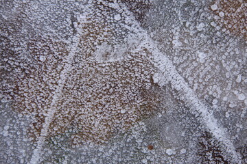 Beautiful ice pattern on a frozen ditch with autumn leaves underneath. 