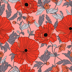 vector seamless pattern flowers of poppies with leaves. Botanical illustration for wallpaper, textile, fabric, clothing, paper, postcards