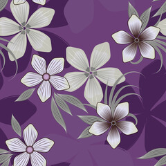 Vector seamless floral pattern in gray pastel colors and decorative shaded flowers with leaves on a violet background for shawl, scarf, hijab