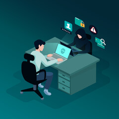 Hacker with laptop stealing personal data from people, cyber attack, data security concept, vector illustration