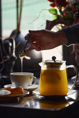 Sea buckthorn tea with orange and ginger. Hot winter drinks