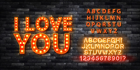 Vector realistic isolated retro billboard text of I Love You with marquee and easy to change color neon alphabet font on the transparent background. Concept of Happy Valentine's Day. © comicsans