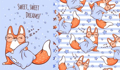 Pattern and card with a сute sleepy baby fox on the starry sky.