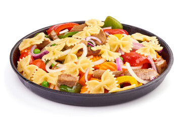 Pasta with steamed vegetables, organic food, isolated on white background.