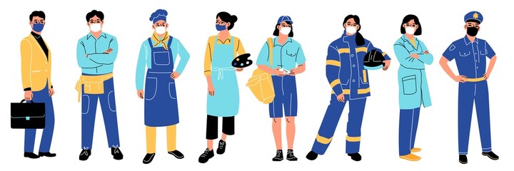 Professions people. Different professional characters, various staff in uniform, workers in medical masks. Standing artist, chef and postman, policeman and doctor, vector isolated set